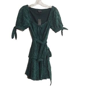 Yumi Kim Green Puff Sleeve Lace Tiered Mini Dress Size XS NWT